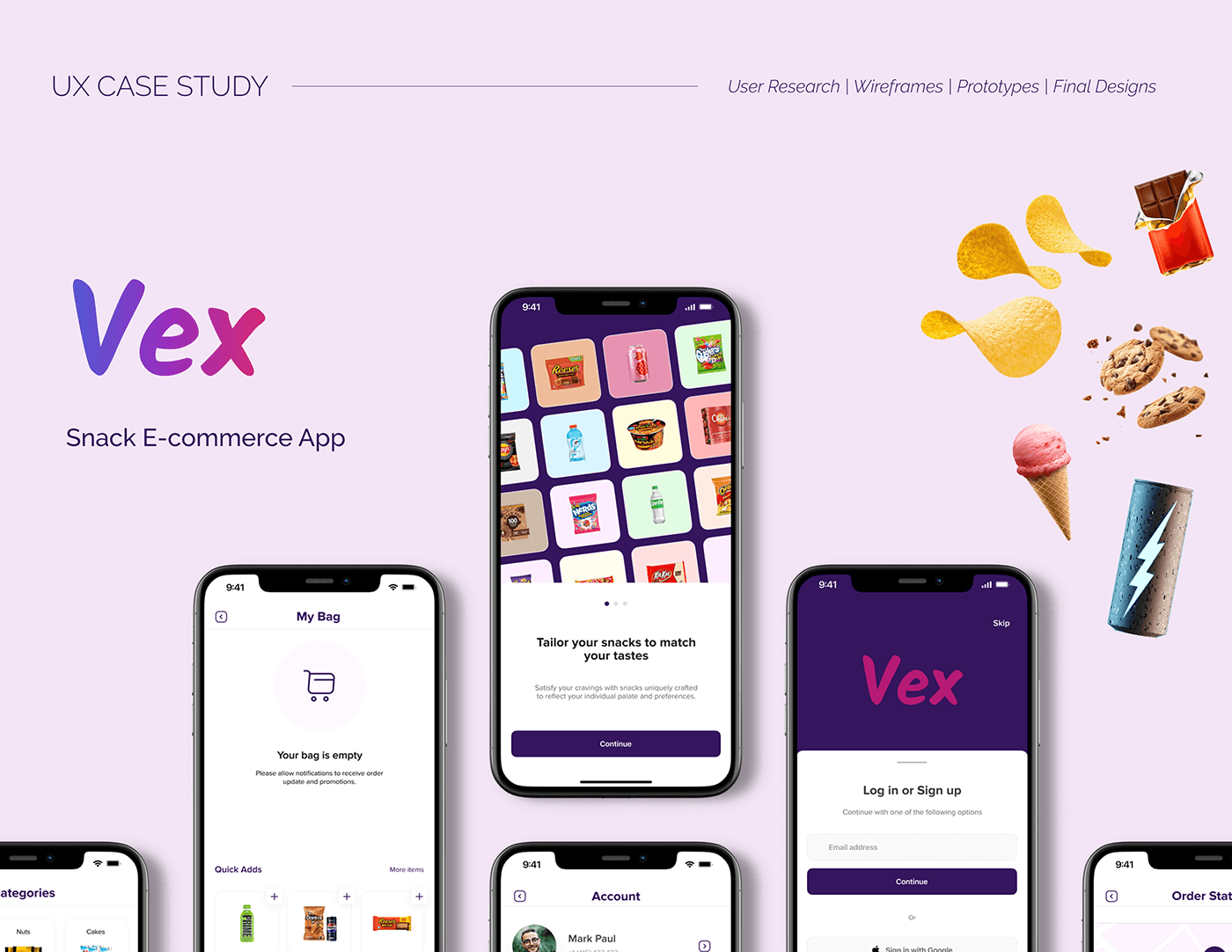 Vex snack e-commerce app UI/UX case study screen 1 by Othmane Ej-jaddaa